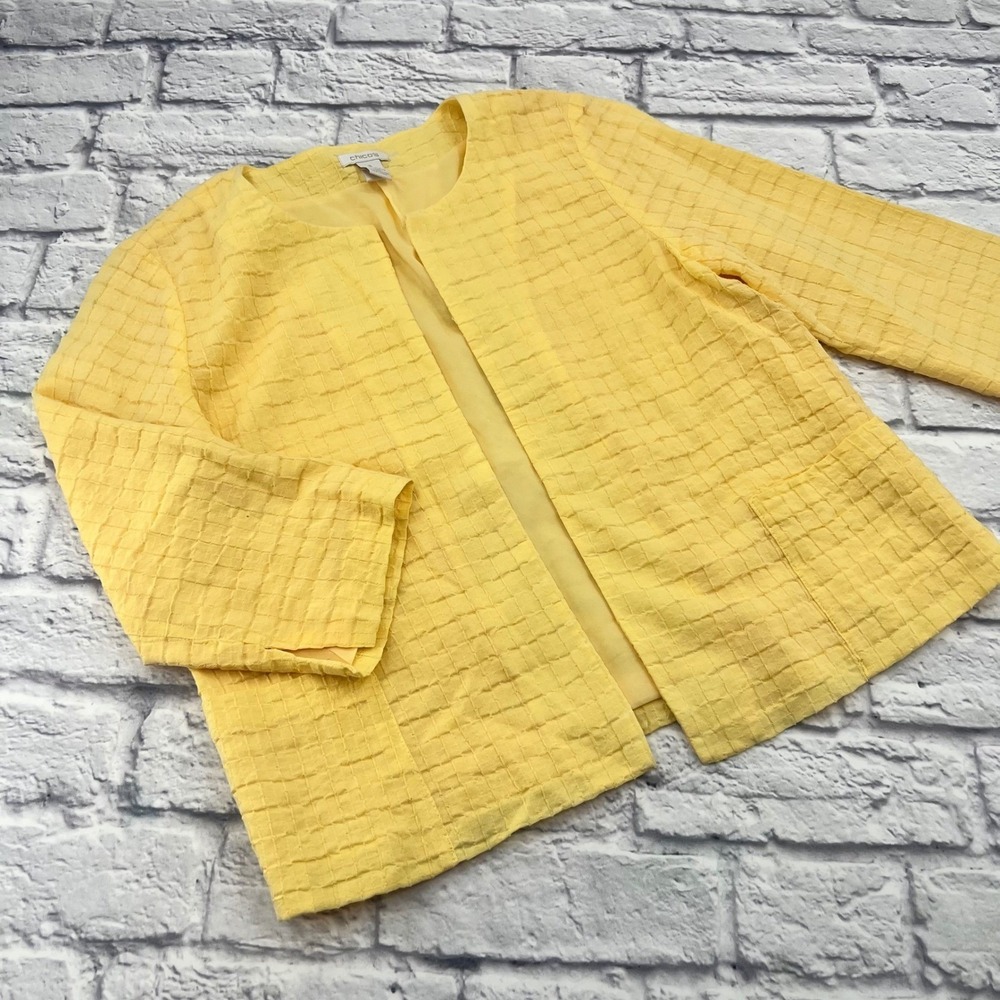 Chicos Yellow Textured Grid Cardigan Jacket 3/4 Sleeve Open Front Size 3 XL 16
